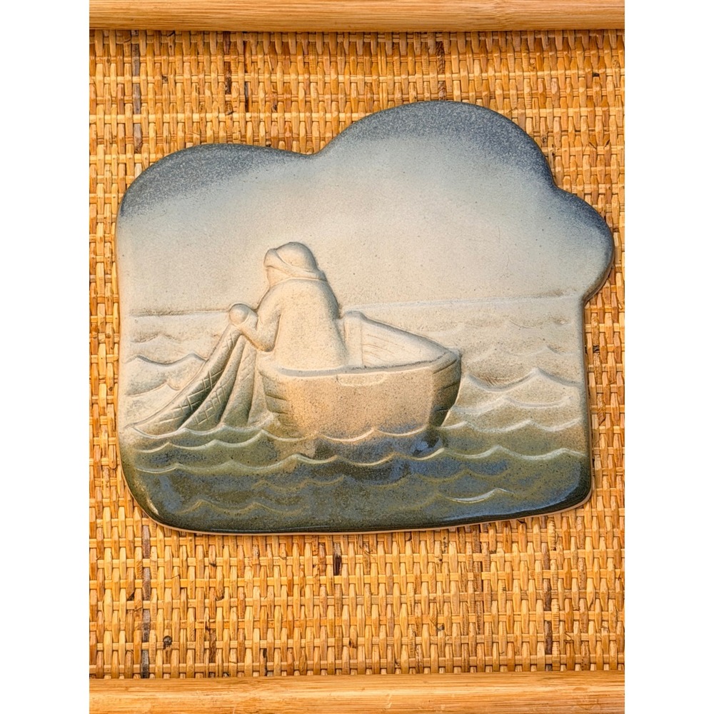 Savinvalaja Finland Ceramic Wall Plaque Fisherman Boat Blue Excellent Scandi Art